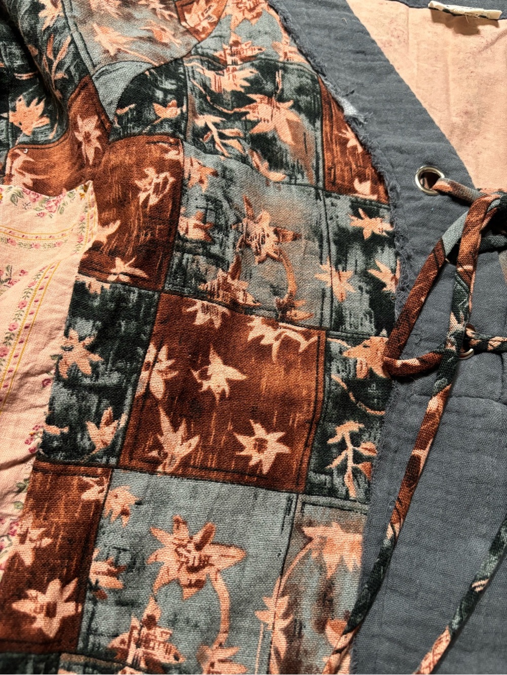 POL Boho Patchwork Lace-Up Peasant Top in Rust, Dusty Blue, Blush - Picture 5 of 7